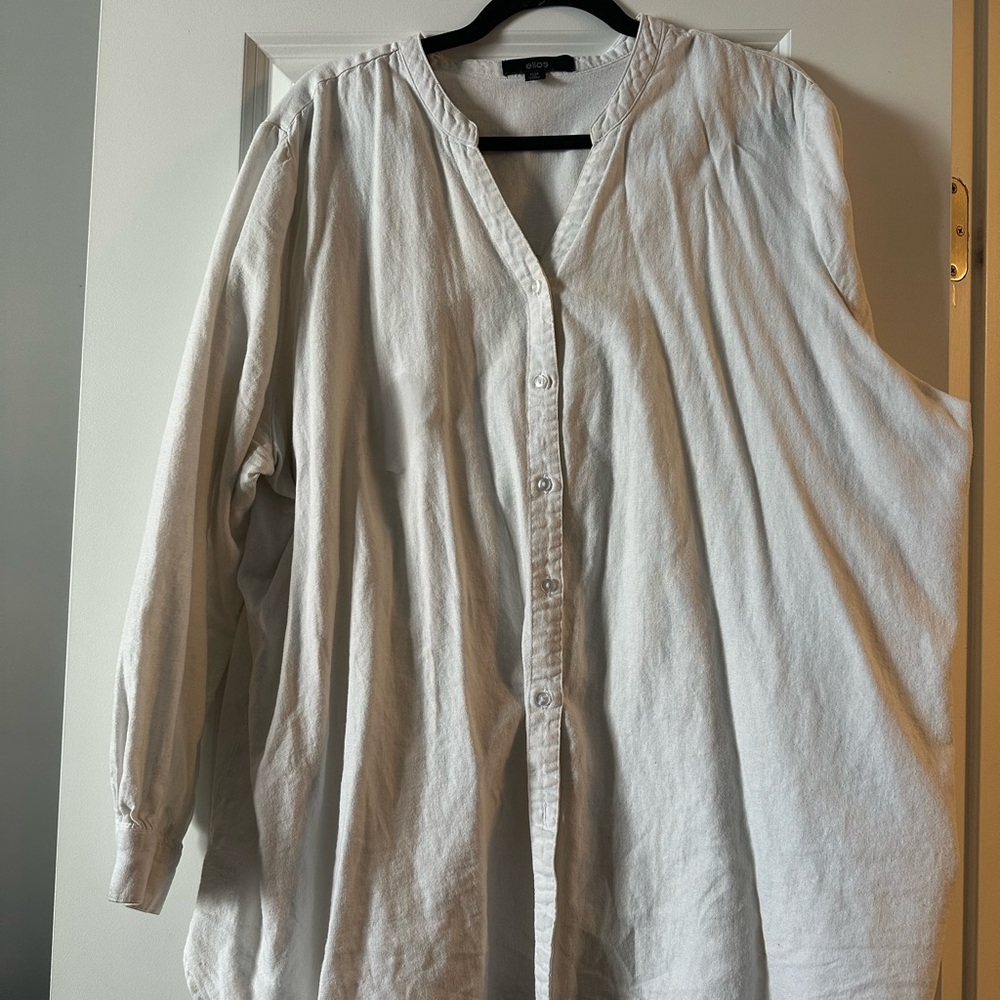 Ellos Linen Bohemian White Button-Up Blouse